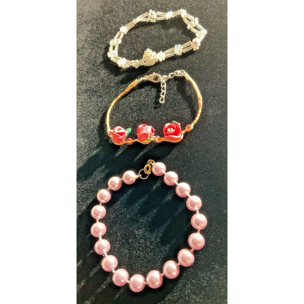 Set Of 3 Vintage Bracelets Pink Floral Pink Beaded & Seed Beaded Lovely Classic